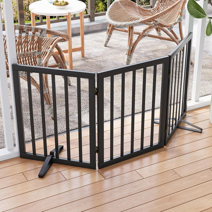 Freestanding Dog Gates Indoor, 3-Panel Pet Gates with 2 Metal Stands and 360° Hinge, 24" H Foldable Dog Gate for Stairs, Doorway, Kitchen, Expands Up to 55" Fully Assembled - Black Walnut