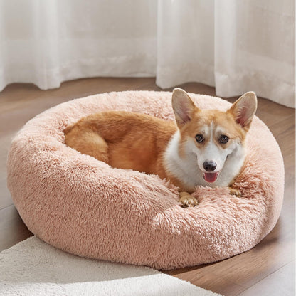 Bedsure Calming Dog Bed Medium Size Dog - Donut Washable Medium Pet Bed, 30 inches Anti-Slip Round Fluffy Plush Faux Fur Cat Bed, Fits up to 45 lbs Pets, Camel