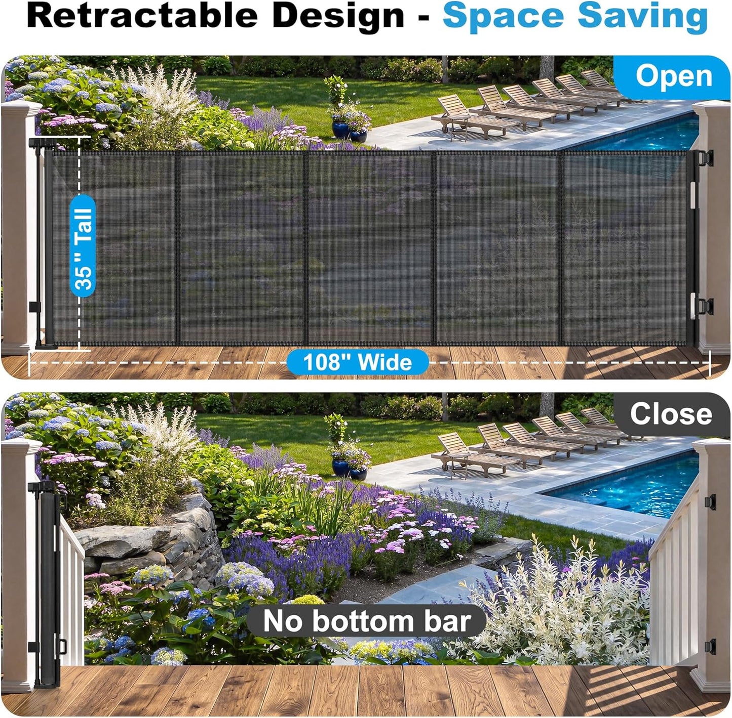 108" Wide Weatherproof Outdoor Retractable Dog Gates Extra Wide with Rust-Proof Stainless Steel Hardware& Waterproof Mesh, Reinforced 9 Ft Extra Long Retractable Baby Gate to Prevent Crawling Through