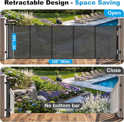 108" Wide Weatherproof Outdoor Retractable Dog Gates Extra Wide with Rust-Proof Stainless Steel Hardware& Waterproof Mesh, Reinforced 9 Ft Extra Long Retractable Baby Gate to Prevent Crawling Through