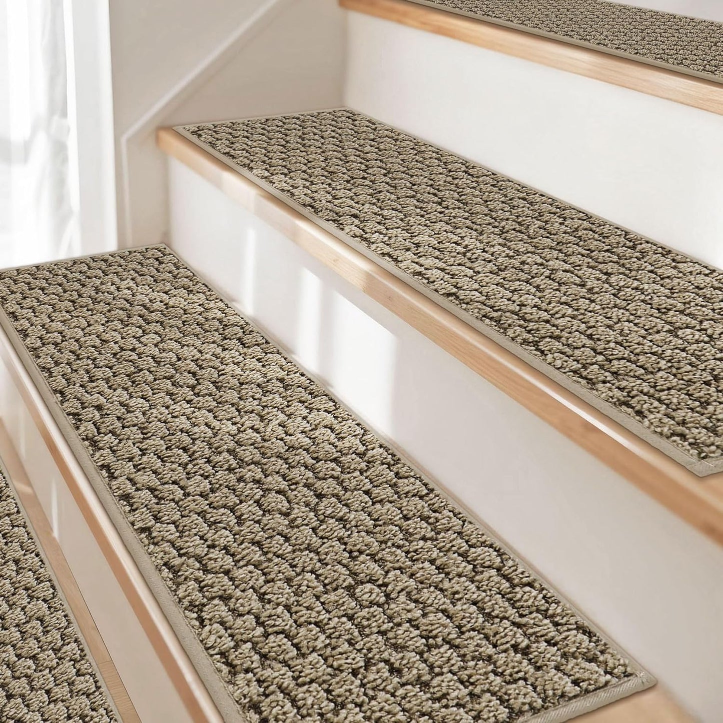 JSEI Stair Treads for Wooden Steps, 14 Pack 9" X 28" Non-Slip Machine Washable Carpet Stair Treads with TPE Backing, Soft Indoor Stair Rug Runner for Kids Elders & Pets, 100% Polyester, Greyish Brown