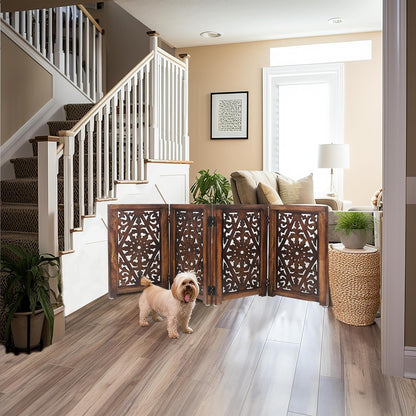Croft&Cane Wooden Foldable Pet Dog Safety Gate – 3 Panel Freestanding Indoor Pet Fence (20 inches W x 24 inches H) – Hand-Carved Solid Wood & MDF – Fully Assembled - Antique Brown