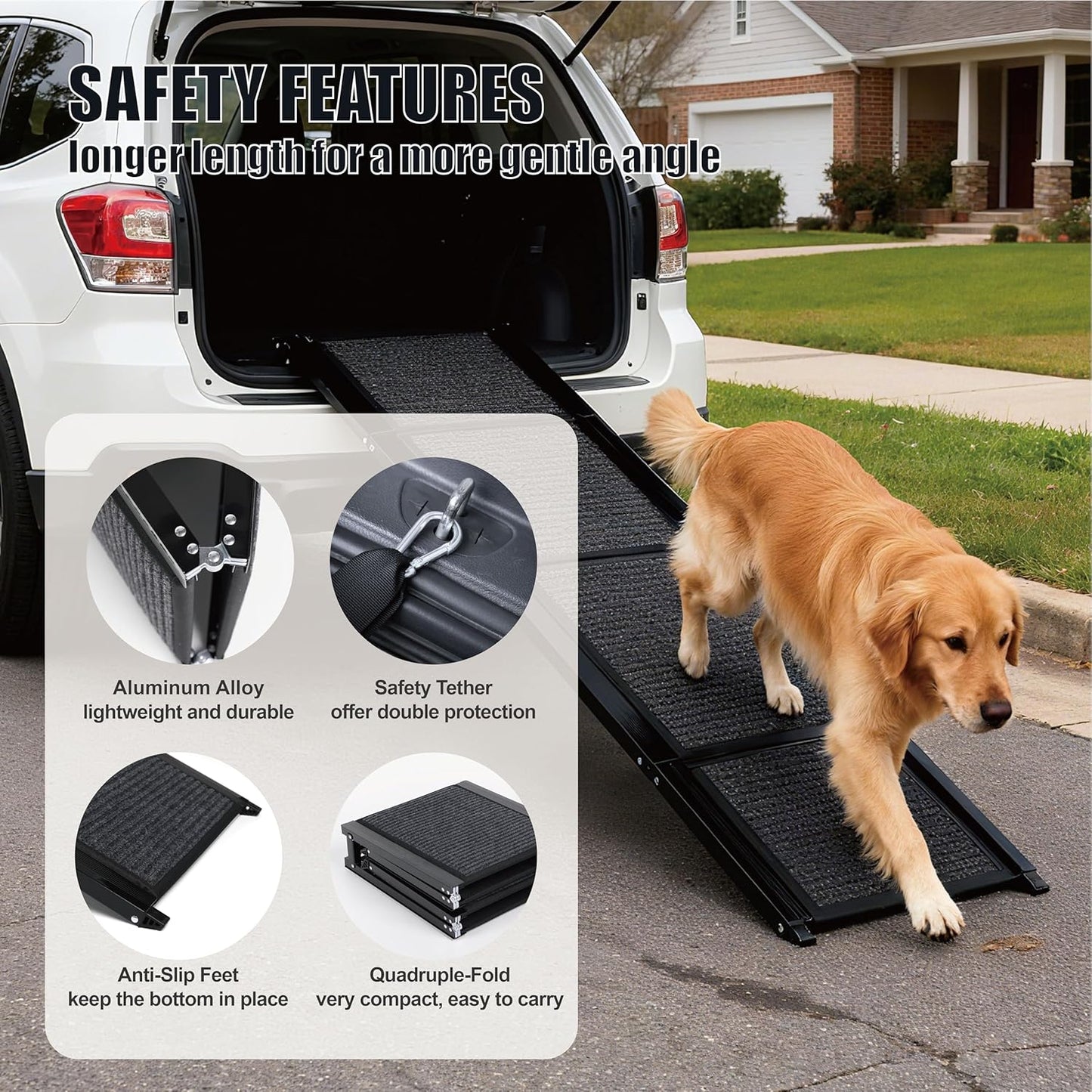 Folding Dog Ramp for Car 71" Long & 19" Wide Portable Pet Ramps with Non-Slip Rug Surface, Outdoor Dog Car Ramp for Large Dogs, SUV Car & Truck, Dog Steps Up to 250LBS