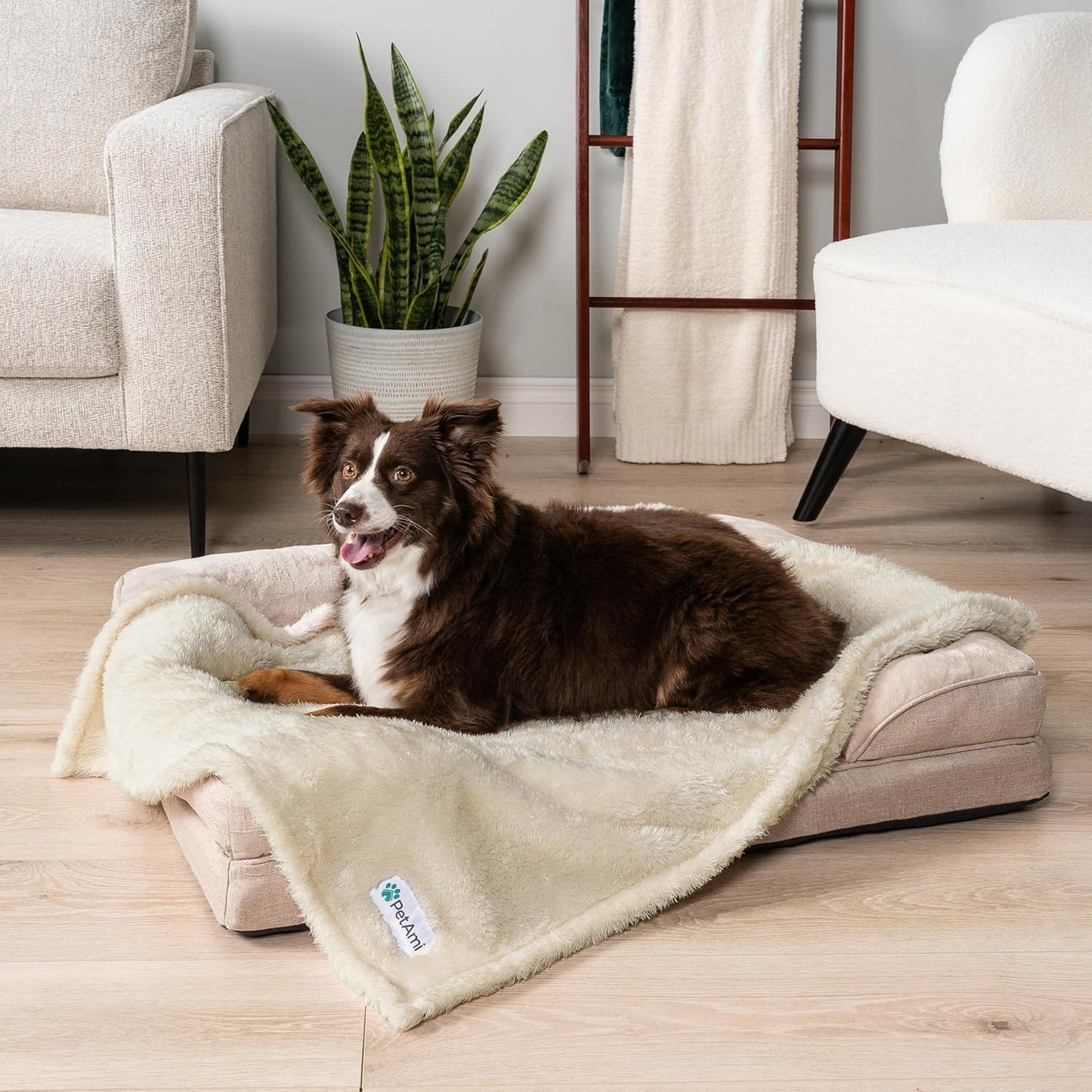 PetAmi Fluffy Waterproof Dog Blanket for Couch and Bed, Reversible Sherpa Pet Throw, Pee Proof Furniture Protector Sofa Cover, Washable Cat Blanket for Medium Large Dogs and Cats (Beige Cream, 60x80)