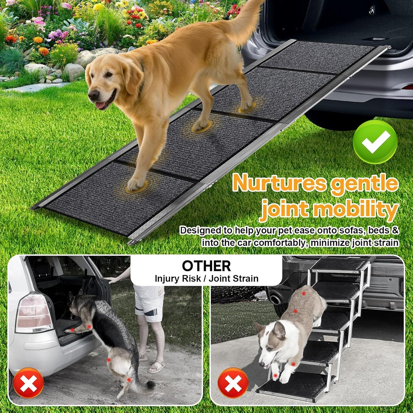 67''x 17'' Dog Ramp, Dog Ramp for Car, Folding Car Ramps for Pets, Dog Stairs Up to 250LBS, Pet Ramp with Non-Slip Rug Surface, Extra Long Dog Steps for Car, SUV, Truck