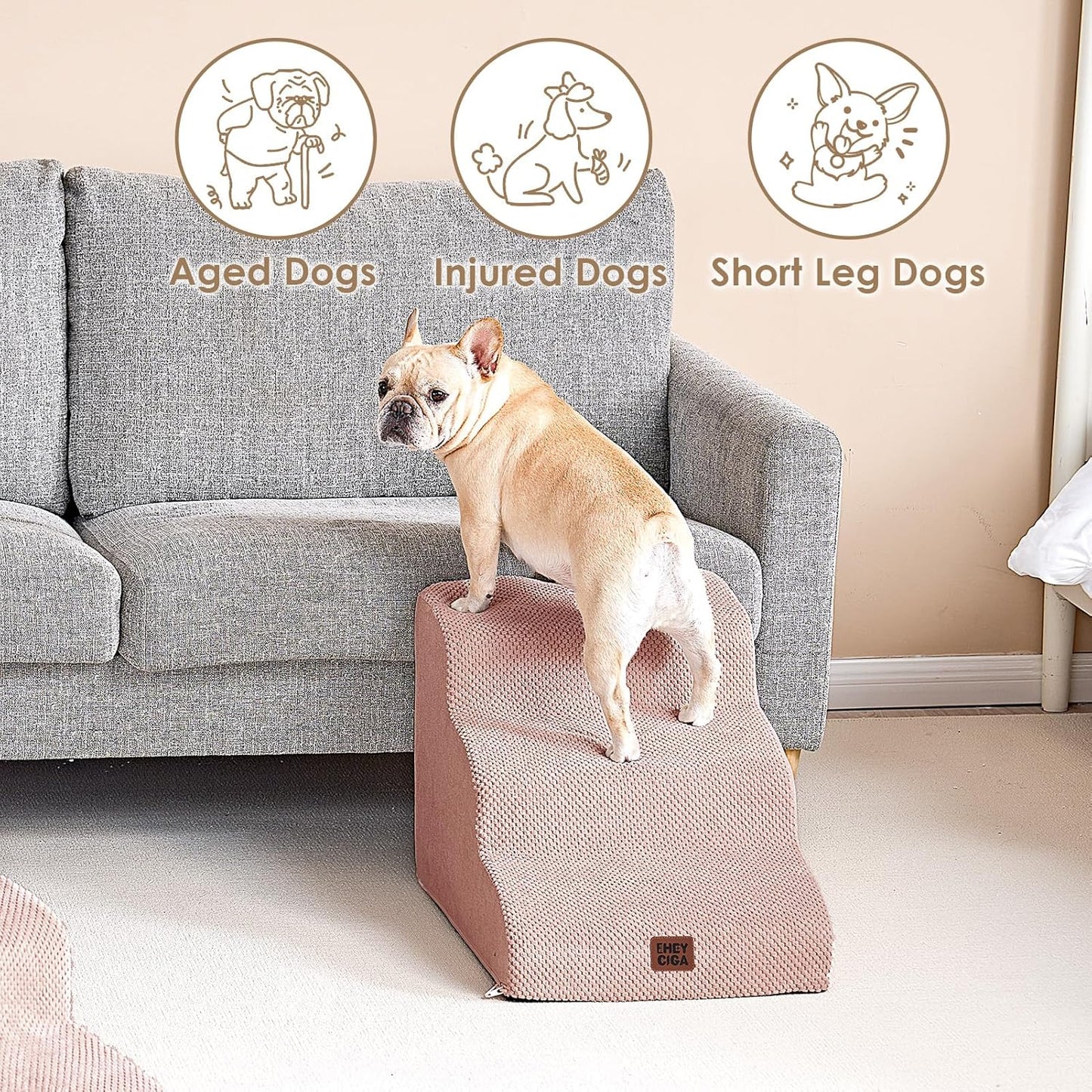 EHEYCIGA Curved Dog Stairs Ramp for High Beds 19.7" H, 4-Step Dog Steps for Small Dogs and Cats, Pet Stairs for High Bed Climbing, Non-Slip Balanced Pet Step Indoor, Grey