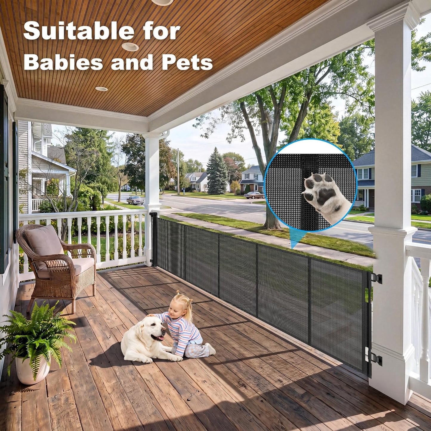 108" Wide Weatherproof Outdoor Retractable Dog Gates Extra Wide with Rust-Proof Stainless Steel Hardware& Waterproof Mesh, Reinforced 9 Ft Extra Long Retractable Baby Gate to Prevent Crawling Through