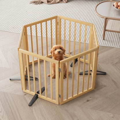 Freestanding Dog Gates Indoor, 3-Panel Pet Gates with 2 Metal Stands and 360° Hinge, 24" H Foldable Dog Gate for Stairs, Doorway, Kitchen, Expands Up to 55" Fully Assembled - Black Walnut