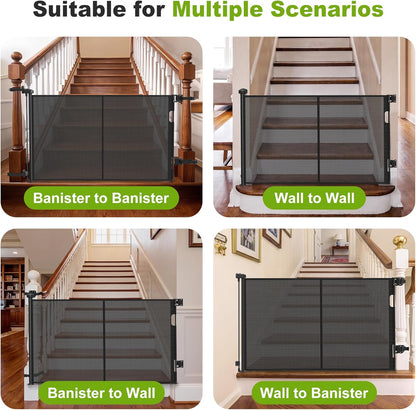 Reinforced Retractable Baby Gate for Stairs & Banister, 55" Wide Mesh Dog Gate, One-Handed Dual Lock Safety Gate for Kids & Pets, Fits Round & Square Posts (Black)
