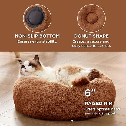 Bedsure Calming Dog Bed Medium Size Dog - Donut Washable Medium Pet Bed, 30 inches Anti-Slip Round Fluffy Plush Faux Fur Cat Bed, Fits up to 45 lbs Pets, Camel