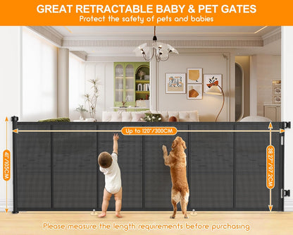 Upgrade 120 inch Retractable Baby Gates, EZIGO Extra Wide Baby Gate for Large Opening Extra Long Mesh Gate for Kids or Pet Dog Gate Child Safety Gate for Stairs Hallways Doorway Indoor Outdoor, Gray