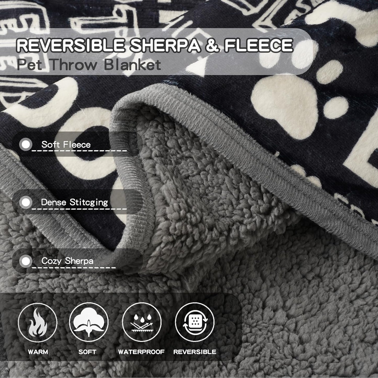 Waterproof Dog Blankets Pet Blanket 50"x60", Soft Fluffy Sofa Car Bed Protector, Reversible Sherpa Fleece Dog Blanket for Large Dogs (Dark Grey-Paws)