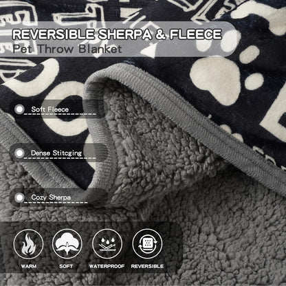 Waterproof Dog Blankets Pet Blanket 50"x60", Soft Fluffy Sofa Car Bed Protector, Reversible Sherpa Fleece Dog Blanket for Large Dogs (Dark Grey-Paws)