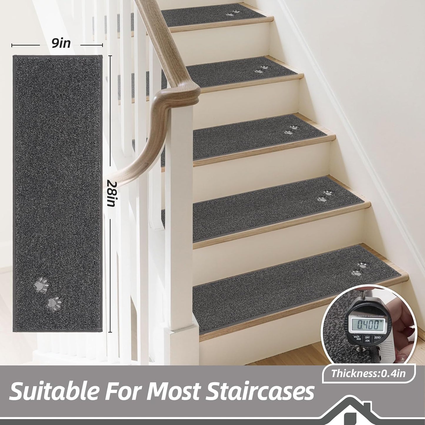BEQHAUSE Stair Treads for Wooden Steps 28inX9in, Non Slip Carpet Stair Treads Indoor Stair Runners Machine Washable, Soft Stair Rugs Mat Surface Polyester TPE Backing, 4pcs, Charcoal