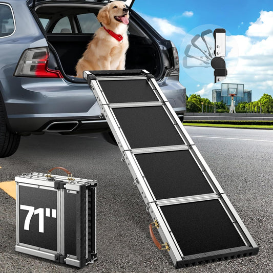 Foldable Dog Car Ramp for Large Dog (80-200 lbs), Extra L71” W17” Folding Pet Ramp with Heavy Duty Steel Hinges, Anti-Slip Outdoor Dog Ramps for Car SUV Truck Side Door (5 Folded)
