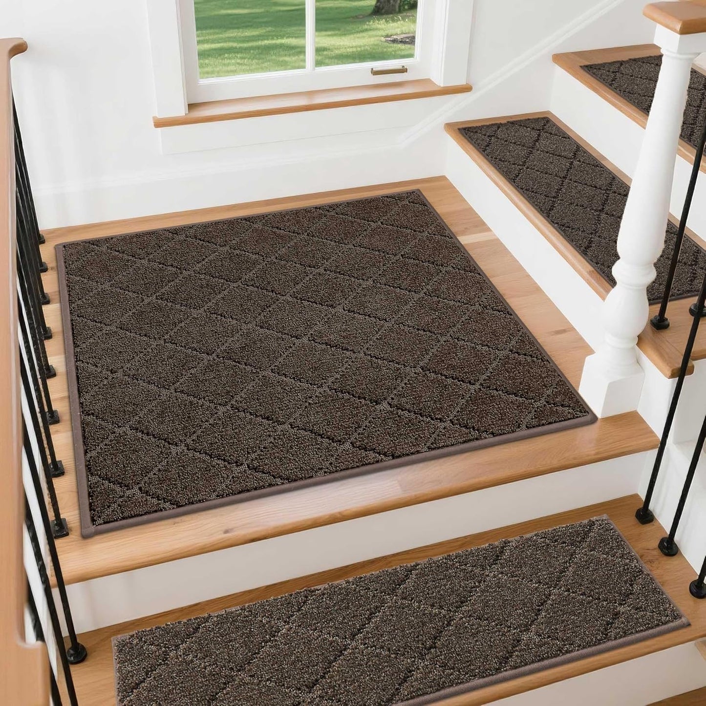 COSY HOMEER Edging Stair Treads Non-Slip Carpet Mat 28inX9in Indoor Stair Runners for Wooden Steps, Edging Stair Rugs for Kids and Dogs, 100% Polyester TPE Backing (7pc, Beige)