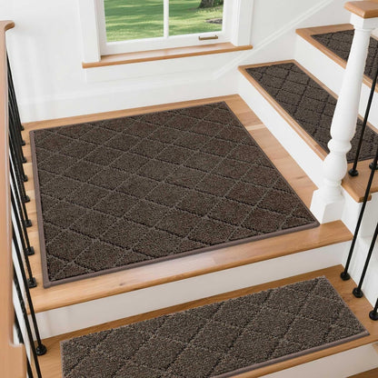 COSY HOMEER Edging Stair Treads Non-Slip Carpet Mat 28inX9in Indoor Stair Runners for Wooden Steps, Edging Stair Rugs for Kids and Dogs, 100% Polyester TPE Backing (7pc, Beige)