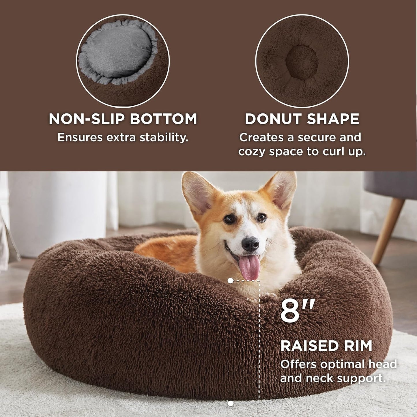 Bedsure Calming Dog Bed Medium Size Dog - Donut Washable Medium Pet Bed, 30 inches Anti-Slip Round Fluffy Plush Faux Fur Cat Bed, Fits up to 45 lbs Pets, Camel