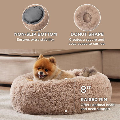 Bedsure Calming Dog Bed Medium Size Dog - Donut Washable Medium Pet Bed, 30 inches Anti-Slip Round Fluffy Plush Faux Fur Cat Bed, Fits up to 45 lbs Pets, Camel