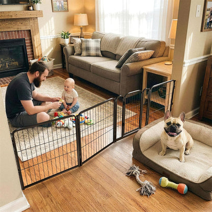 FXW Dog Gate Extra Wide Designed for Indoor Use, Adjustable Width Up to 183-inch Wide (24" H 8 Wire Panels for Puppies and Small Dogs), Black