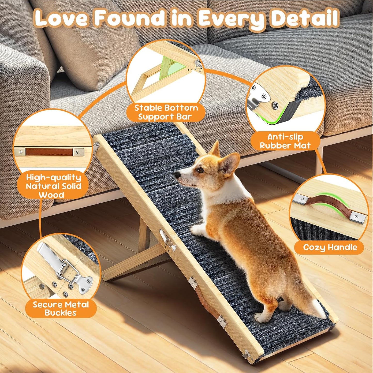 Pawaboo Foldable Dog Ramp, Small Dog Ramp for Couch, 4 Adjustable Height from 13'' to 21", Stable Pet Steps with Non-Slip Pad, Portable Pet Ramps Use for Couch Sofa Stairs, Wood