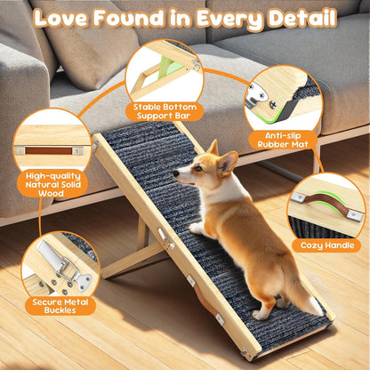 Pawaboo Foldable Dog Ramp, Small Dog Ramp for Couch, 4 Adjustable Height from 13'' to 21", Stable Pet Steps with Non-Slip Pad, Portable Pet Ramps Use for Couch Sofa Stairs, Wood