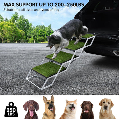 DGSL Dog Ramp for Car, 4-Step Folding Dog Stairs, Aluminum, Black, Supports Up to 250 Lbs