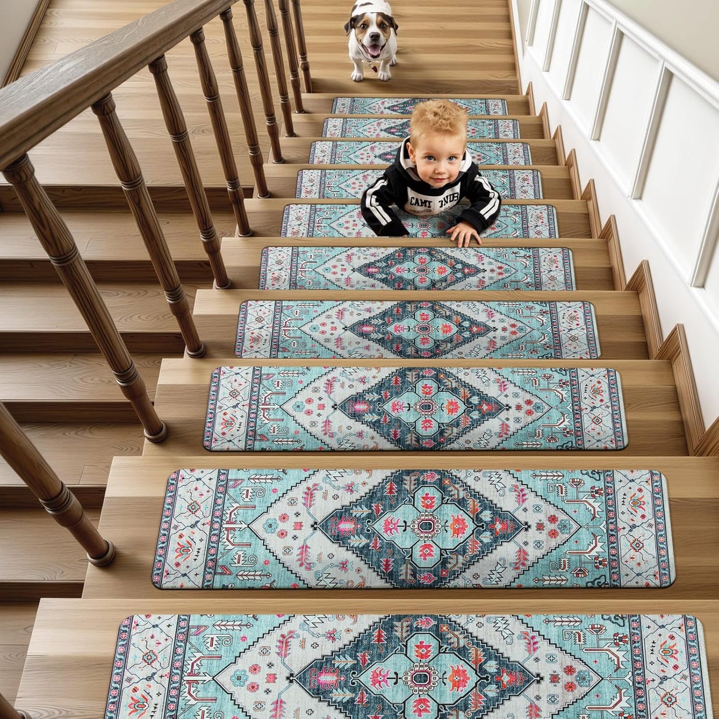 OJIA Non-Slip Carpet Stair Treads for Wooden Steps Set of 15, 30''X8'' Indoor Runner Resistant Rugs Rubber Safety Mats for Dogs, Kids & Elders, Stairway Grip