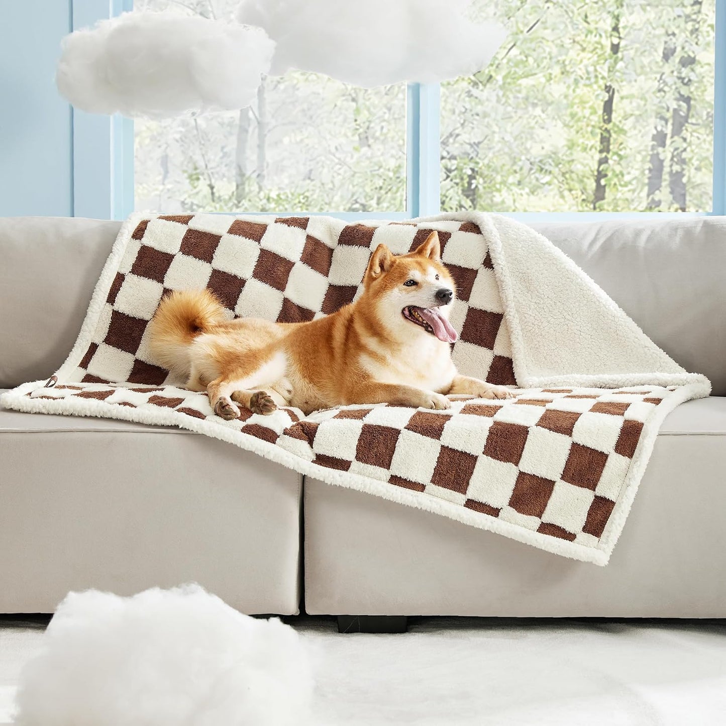 LE SURE Waterproof Dog Blanket for Large Dogs - Washable Double Sided Dog Blankets with Warm Jacquard Shag and Soft Sherpa Fleece, Pet Cat Blanket for Couch Protection, 3D Textured Cloud, Green