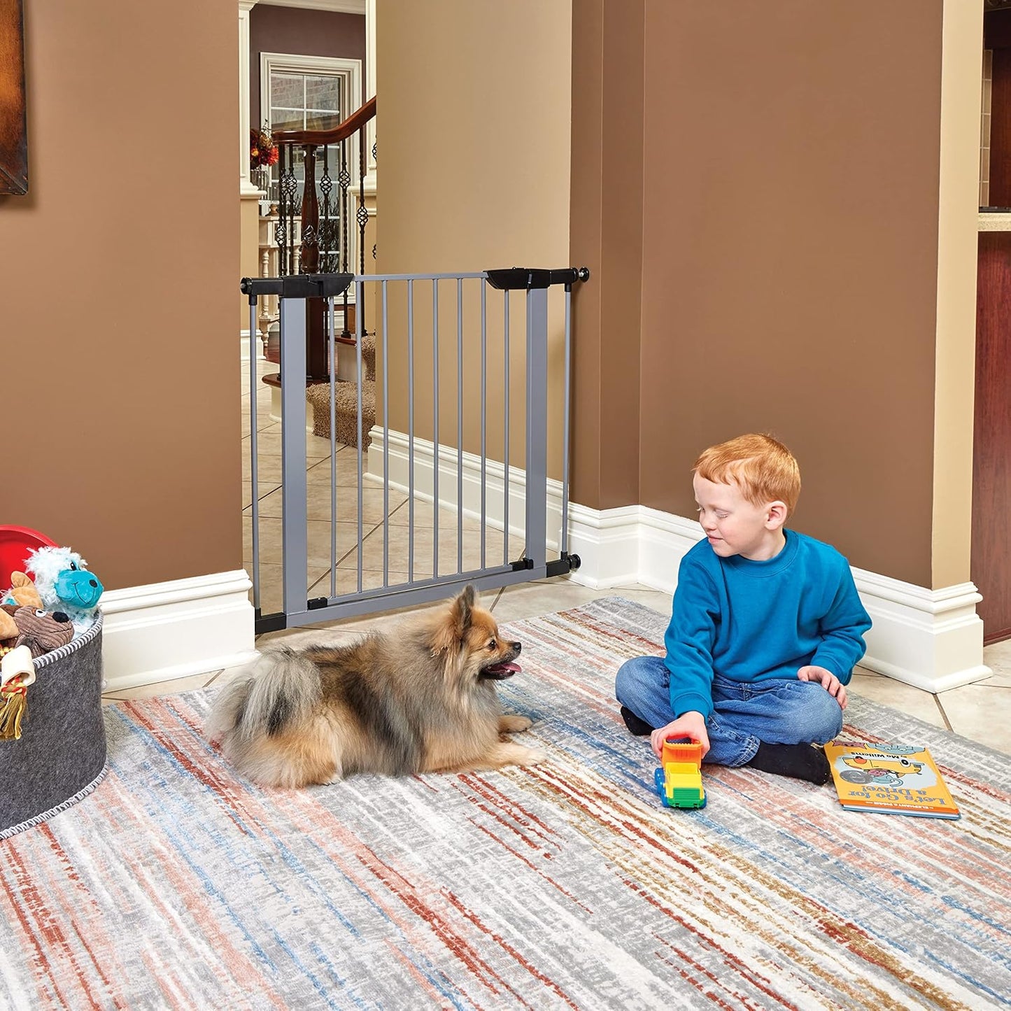 MidWest Homes for Pets 39-Inch High Walk-thru Pressure Mounted Gray Steel Dog Gate, Expands to 38 Inches Wide, No Damage to Walls, Includes 3-inch Extensions, For Small to Medium Pets
