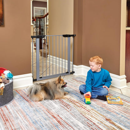 MidWest Homes for Pets 39-Inch High Walk-thru Pressure Mounted Gray Steel Dog Gate, Expands to 38 Inches Wide, No Damage to Walls, Includes 3-inch Extensions, For Small to Medium Pets