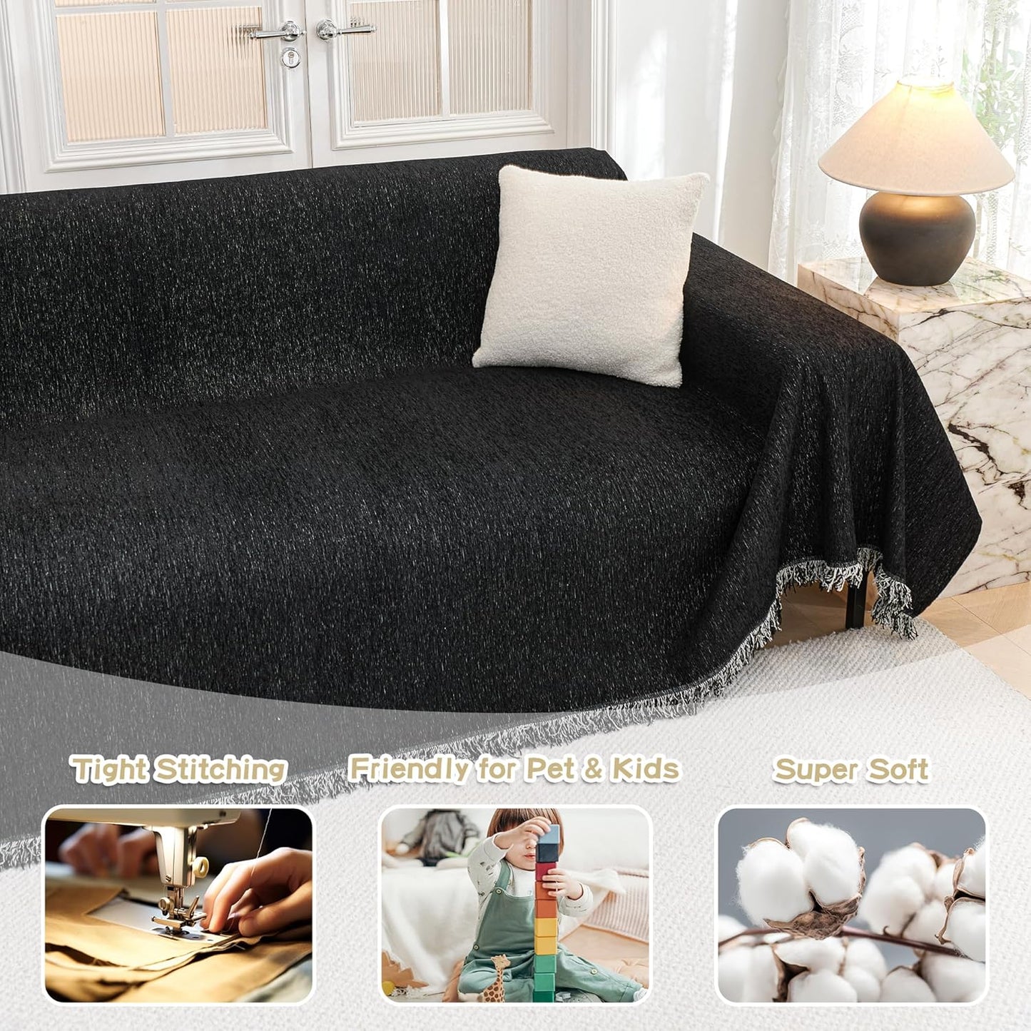 MYSKY HOME Couch Cover for Dogs, Washable Couch Covers, Non Slip Sofa Cover, Couch Cover 2 Cushion Sofa Dogs Furniture Protector with Tassels, Chenille Sofa Slipcover for Pets, 71"x118", Dark Grey