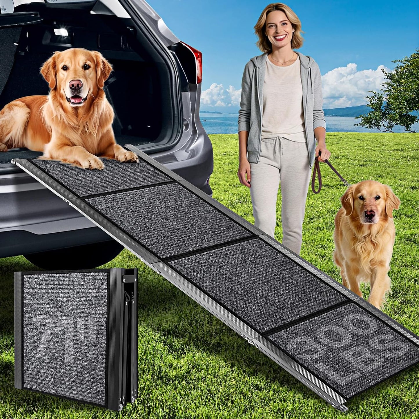 67''x 17'' Dog Ramp, Dog Ramp for Car, Folding Car Ramps for Pets, Dog Stairs Up to 250LBS, Pet Ramp with Non-Slip Rug Surface, Extra Long Dog Steps for Car, SUV, Truck