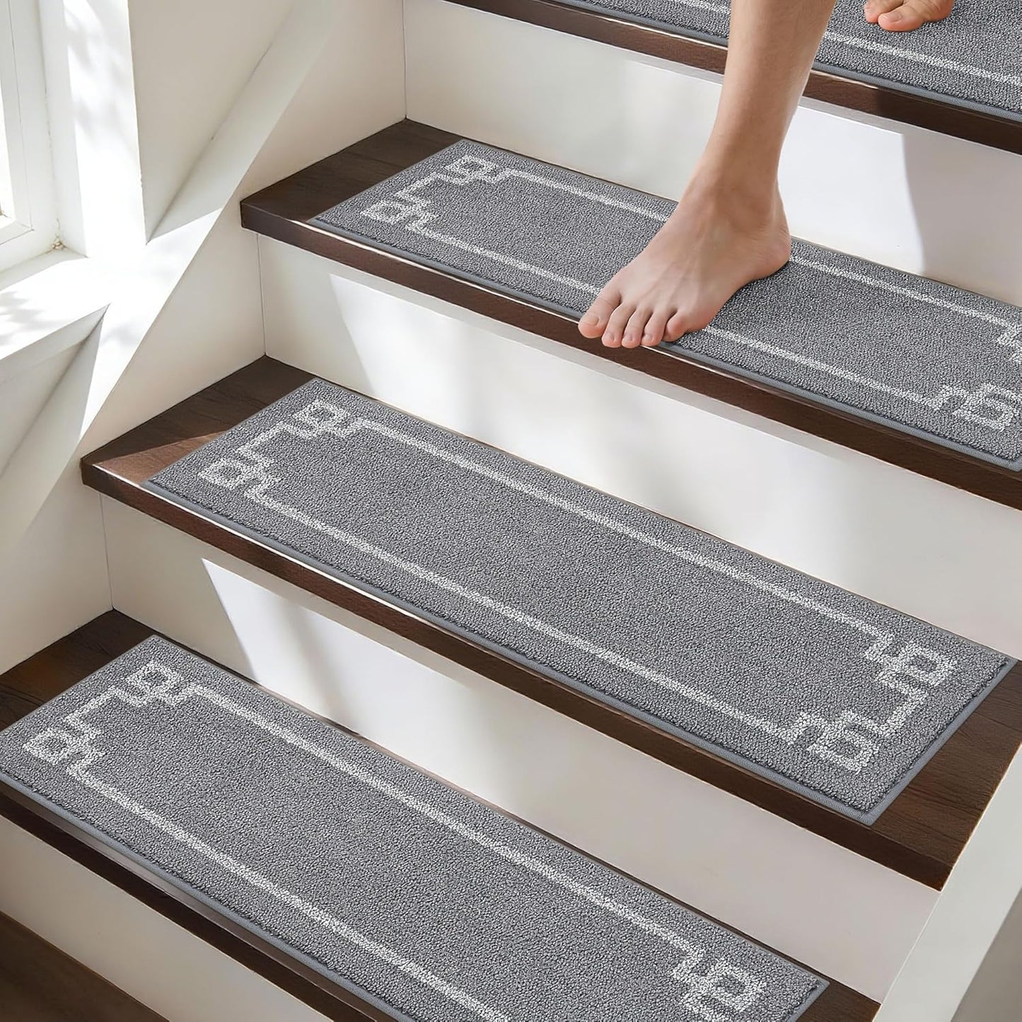 BEQHAUSE Non Slip Stair Treads for Wooden Steps Indoor Washable Stair Runner 28inX9in Polyester Durable Stair Treads Carpet for Dogs,Kids and Elders 15pcs,Dark Grey
