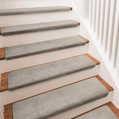 PURE ERA Carpet Stair Treads Ultra Plush 9.5" X 30"Soft Bullnose Indoor Stair Protectors Pet-Friendly Non-Slip Skid Resistant Tape Free Washable Reusable(14 Pieces, Cream Gray)