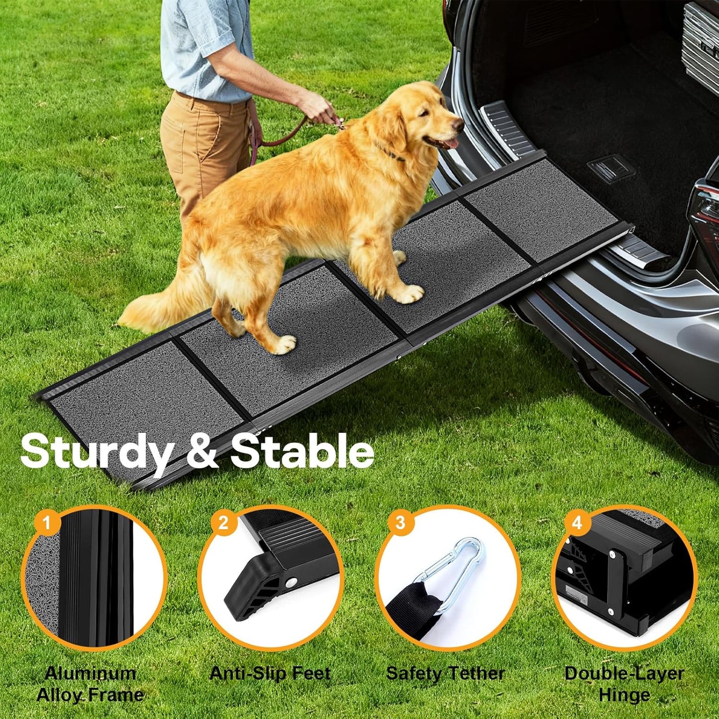 Dog Ramps for Large Pets, 67" L & 17" W Extra Wide Foldable Aluminum Pet Ramp with Waterproof & Non-Slip Rug Surface, Up to 250lbs for Giant Dogs for SUV, Truck, Bed, Stairs, Indoor & Outdoor