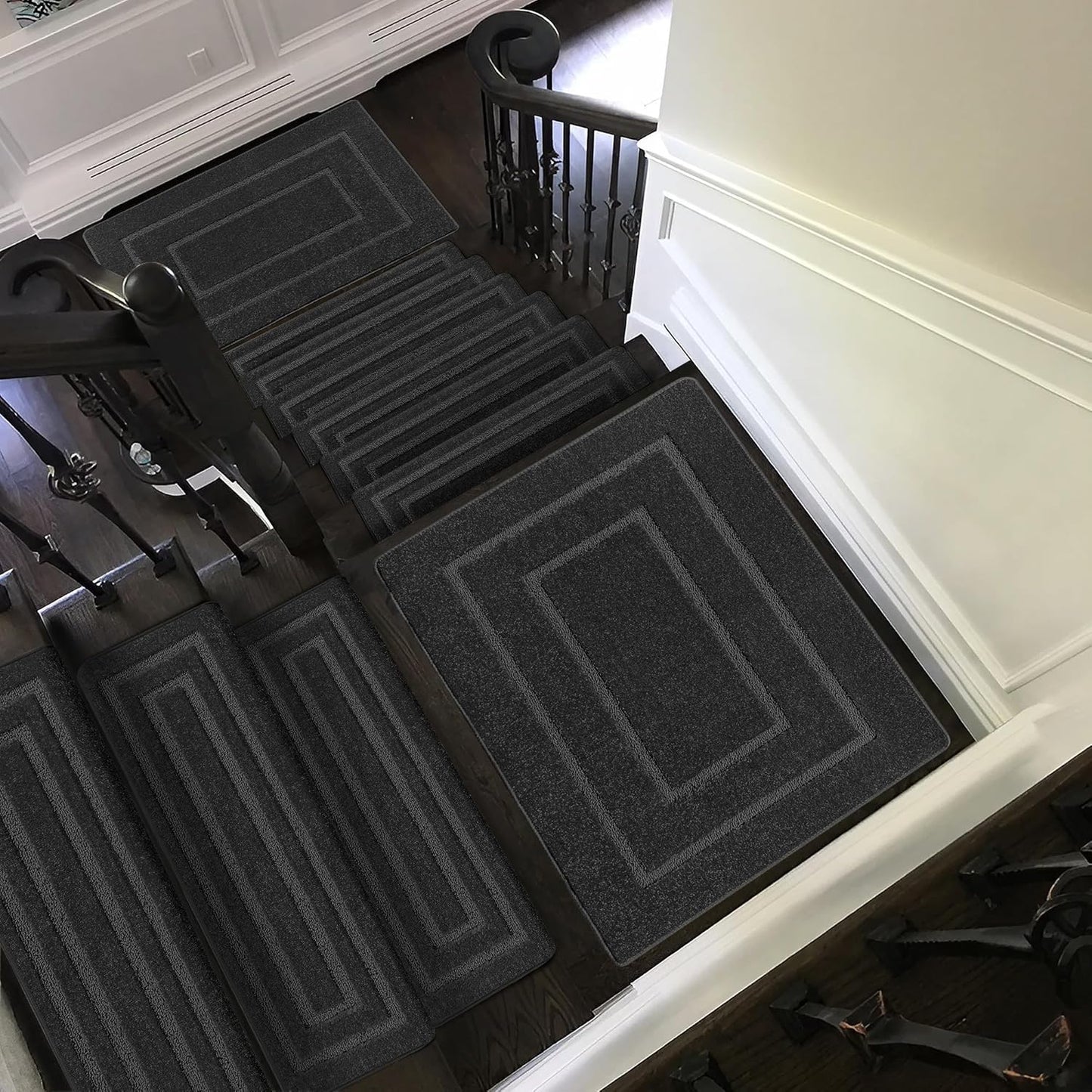 PURE ERA Bullnose Carpet Stair Treads Set Tape Free Non-Slip Indoor Stair Protectors Pet Friendly Rugs Covers Soft Skid Resistant Washable Reusable 9.5" x 30"(14 Pieces,Cream Gray)