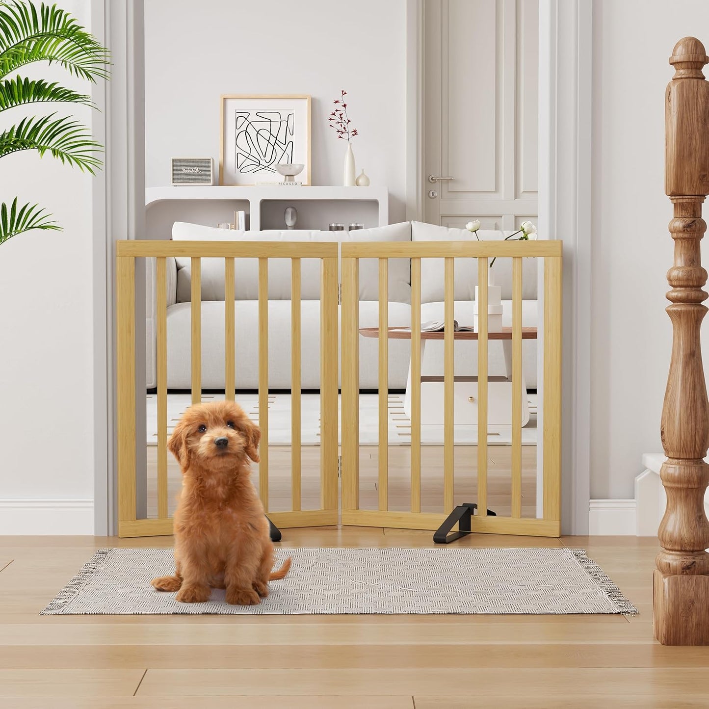 Freestanding Dog Gates Indoor, 3-Panel Pet Gates with 2 Metal Stands and 360° Hinge, 24" H Foldable Dog Gate for Stairs, Doorway, Kitchen, Expands Up to 55" Fully Assembled - Black Walnut