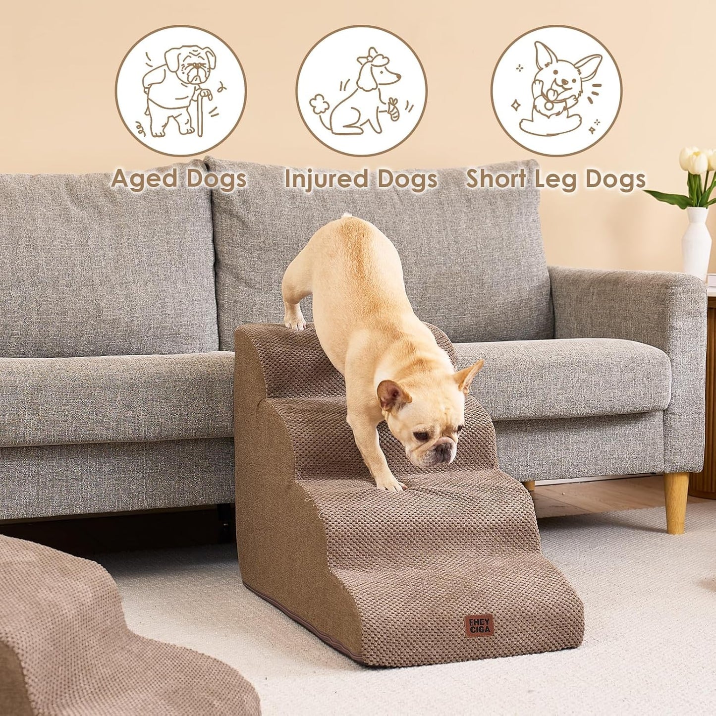 EHEYCIGA Curved Dog Stairs Ramp for High Beds 19.7" H, 4-Step Dog Steps for Small Dogs and Cats, Pet Stairs for High Bed Climbing, Non-Slip Balanced Pet Step Indoor, Grey