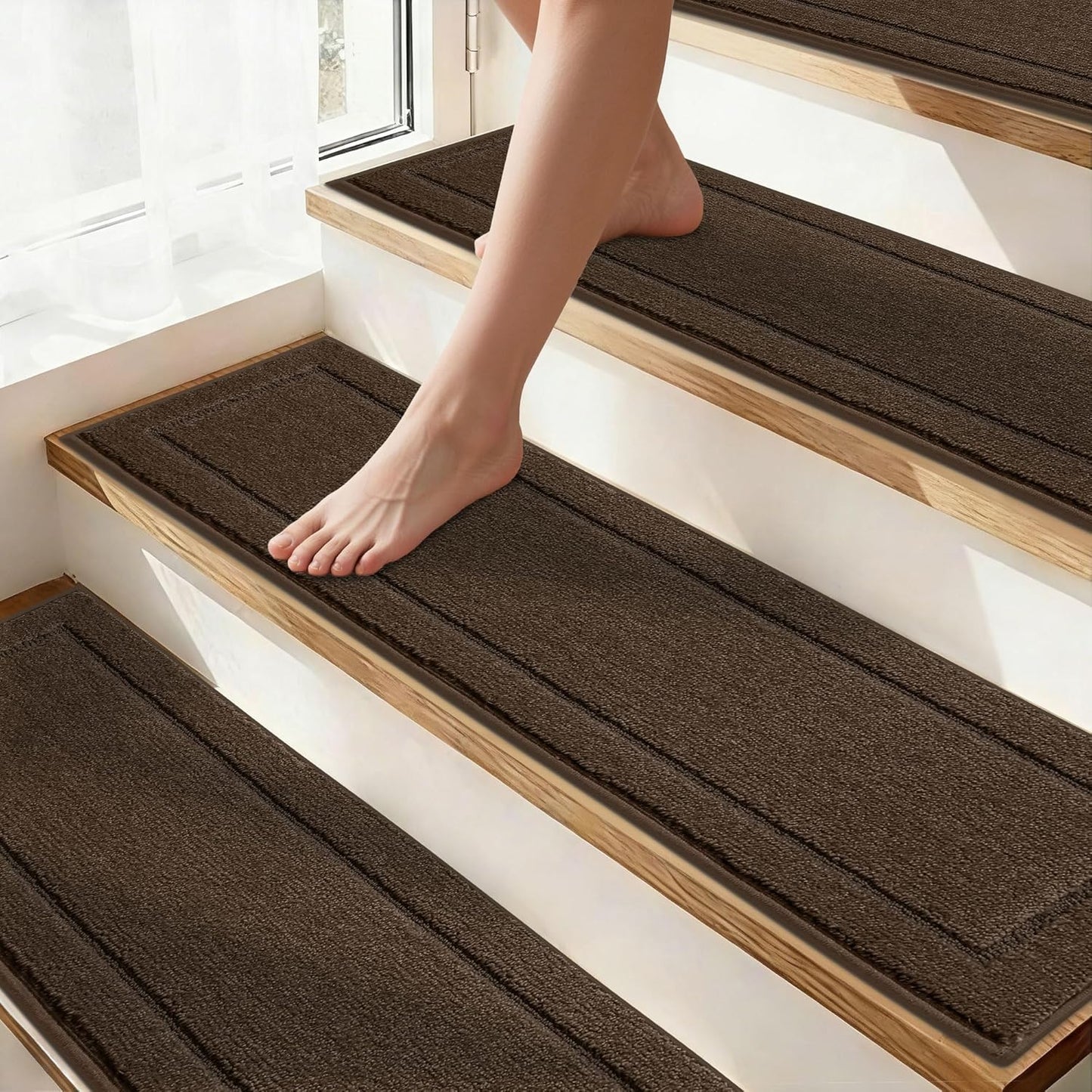 Non-Slip Stair Treads for Wooden Steps Indoor, 15 Pack 8" X 30" Edging Stair Rugs with TPE Backing, Carpet Stair Treads for Kids Elders & Pets, 100% Polyester Soft Stair Runners, Brown