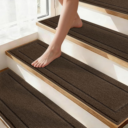 Non-Slip Stair Treads for Wooden Steps Indoor, 15 Pack 8" X 30" Edging Stair Rugs with TPE Backing, Carpet Stair Treads for Kids Elders & Pets, 100% Polyester Soft Stair Runners, Brown