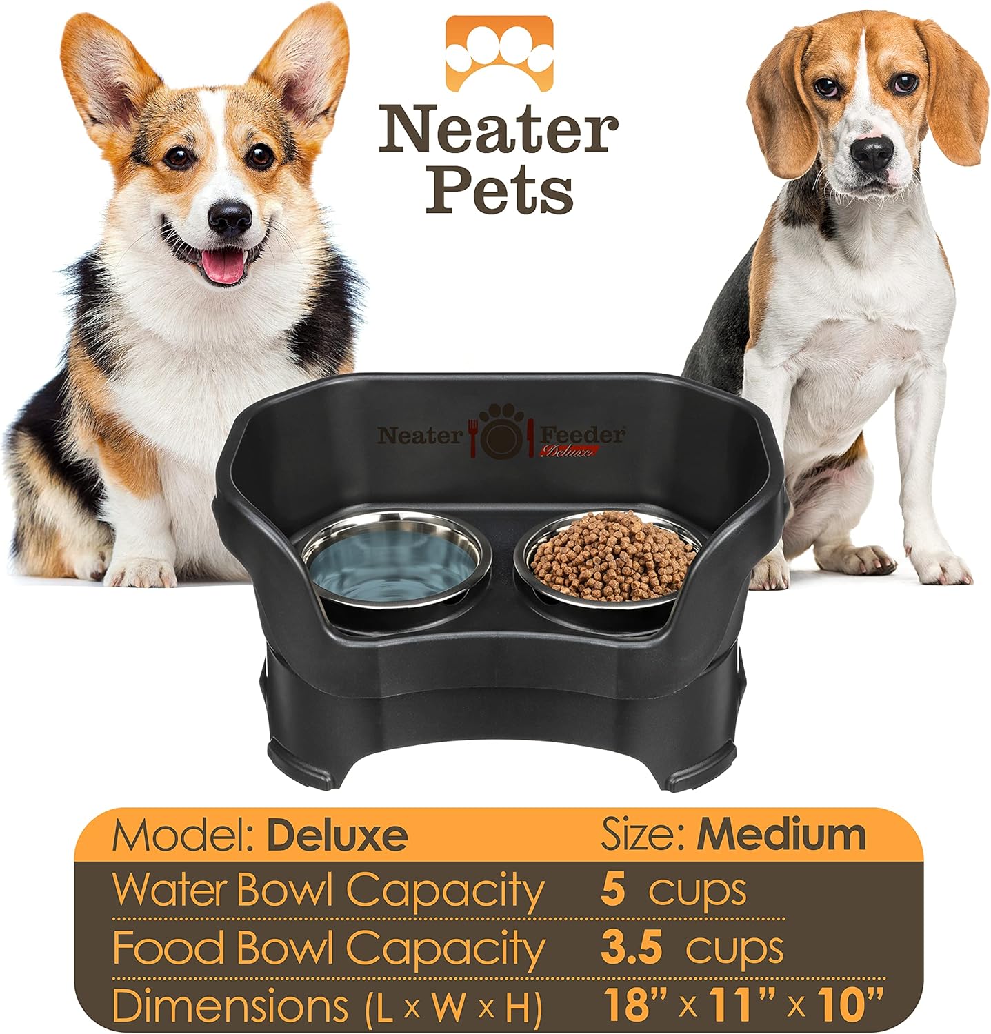 Neater Pet Brands Neater Feeder Deluxe Mess Proof Dog Bowls Elevated for Large Dogs Over 40 lbs, Made in USA, No Spill Raised Dog Food Bowl Stand Feeding Station, Food and Water Bowl Set, Black