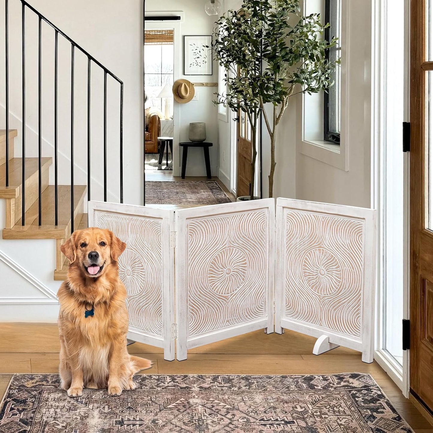 Freestanding Pet Gate for Dogs, Foldable Wooden Dog Gate for House, Indoor Dog Gate for Stair, Doorway, House Design Gates for Dogs Indoor, 72 Inch Wide, (18" x4 Panels 72 inch), Burnt Finish