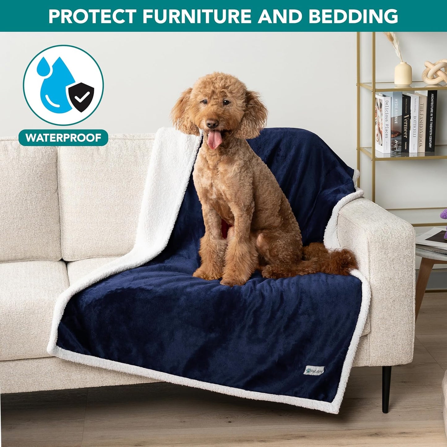 PetAmi Waterproof Dog Blanket for Couch, Large 60x40, Pee Proof Sherpa Fleece Reversible Pet Throw, Furniture Protector for Bed Sofa Kennel, Soft Washable Cover for Medium Dogs Cats, Grey Sherpa