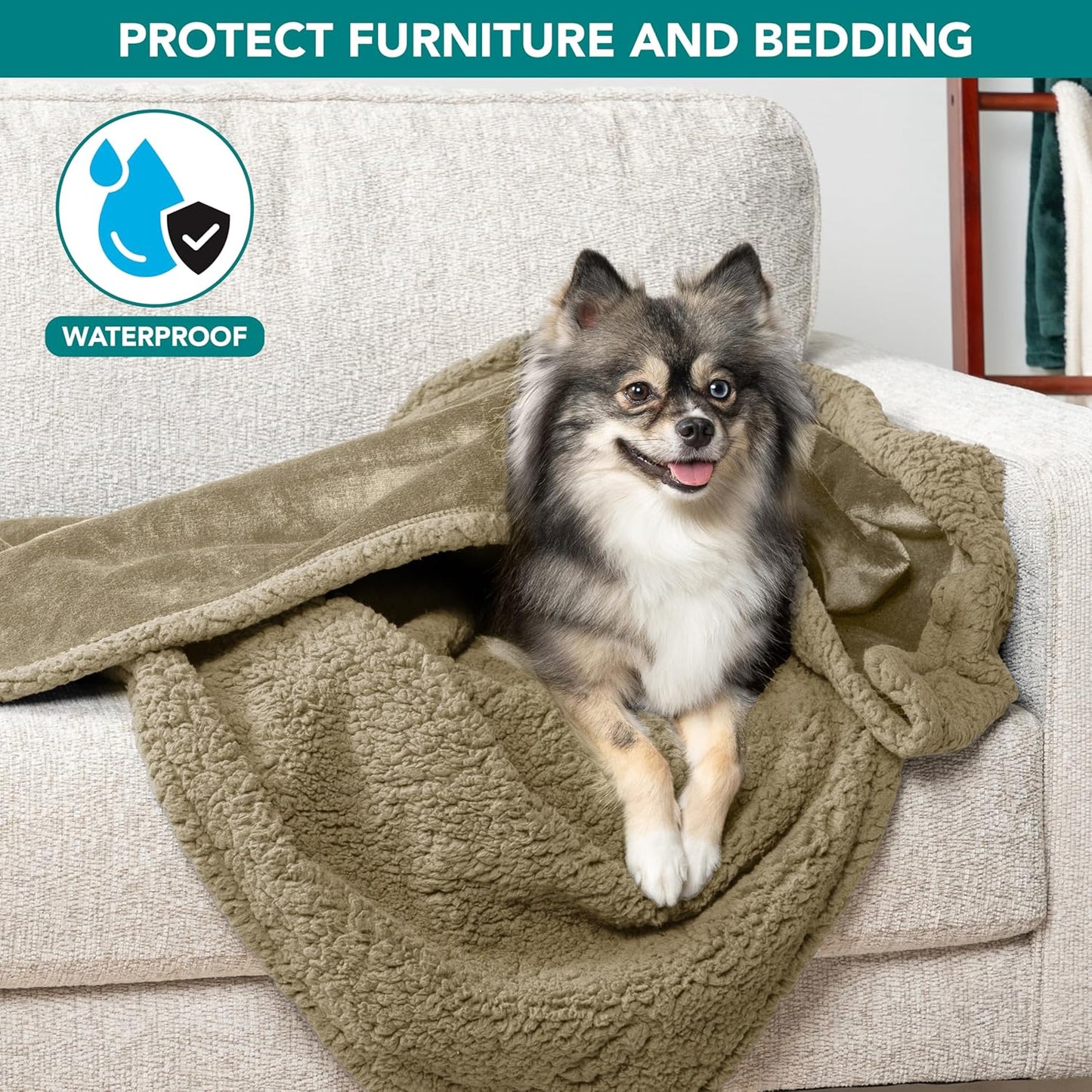 PetAmi Waterproof Dog Blanket for Couch, Large 60x40, Pee Proof Sherpa Fleece Reversible Pet Throw, Furniture Protector for Bed Sofa Kennel, Soft Washable Cover for Medium Dogs Cats, Grey Sherpa