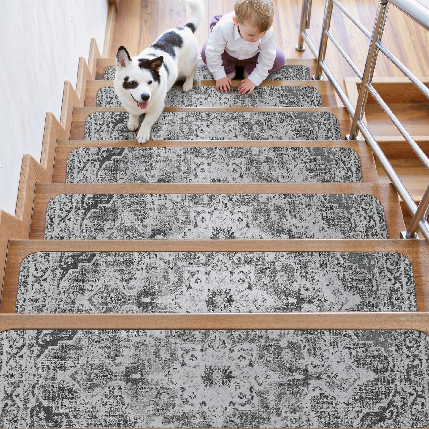 OJIA Non-Slip Carpet Stair Treads for Wooden Steps Set of 15, 30''X8'' Indoor Runner Resistant Rugs Rubber Safety Mats for Dogs, Kids & Elders, Stairway Grip