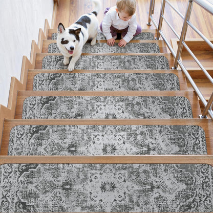 OJIA Non-Slip Carpet Stair Treads for Wooden Steps Set of 15, 30''X8'' Indoor Runner Resistant Rugs Rubber Safety Mats for Dogs, Kids & Elders, Stairway Grip