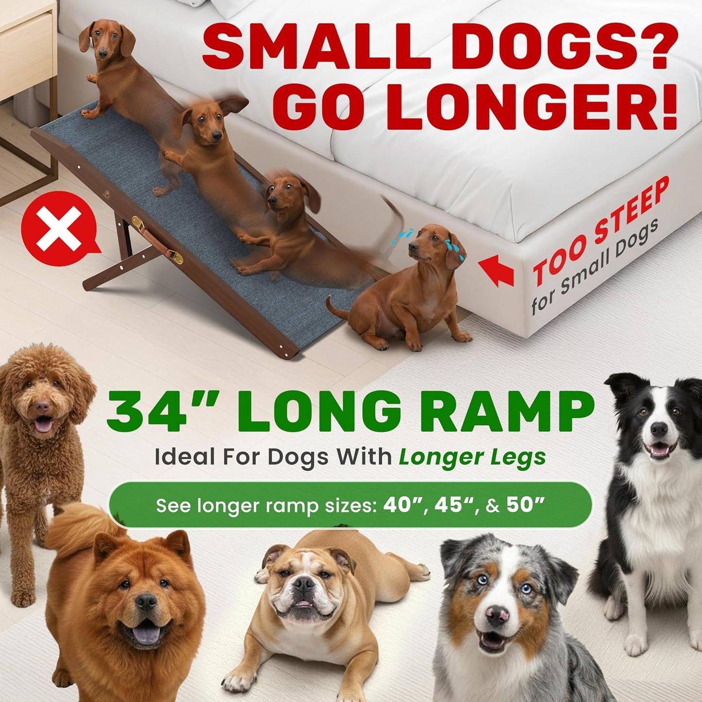 Adjustable Dog Ramp - 50" L x 18.5" W Ramp for Large Dogs to Get on Bed with 6 Incline Levels & Non-Slip Traction Carpet - Also Ideal for Medium & Large Breeds (Natural)