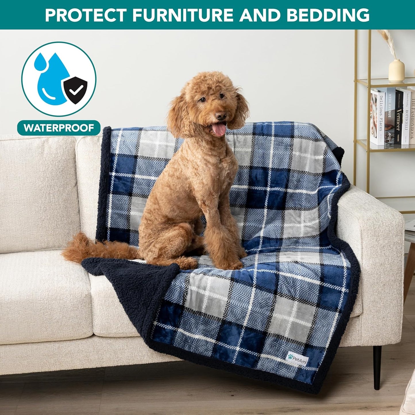 PetAmi Waterproof Dog Blanket for Couch, Large 60x40, Pee Proof Sherpa Fleece Reversible Pet Throw, Furniture Protector for Bed Sofa Kennel, Soft Washable Cover for Medium Dogs Cats, Grey Sherpa