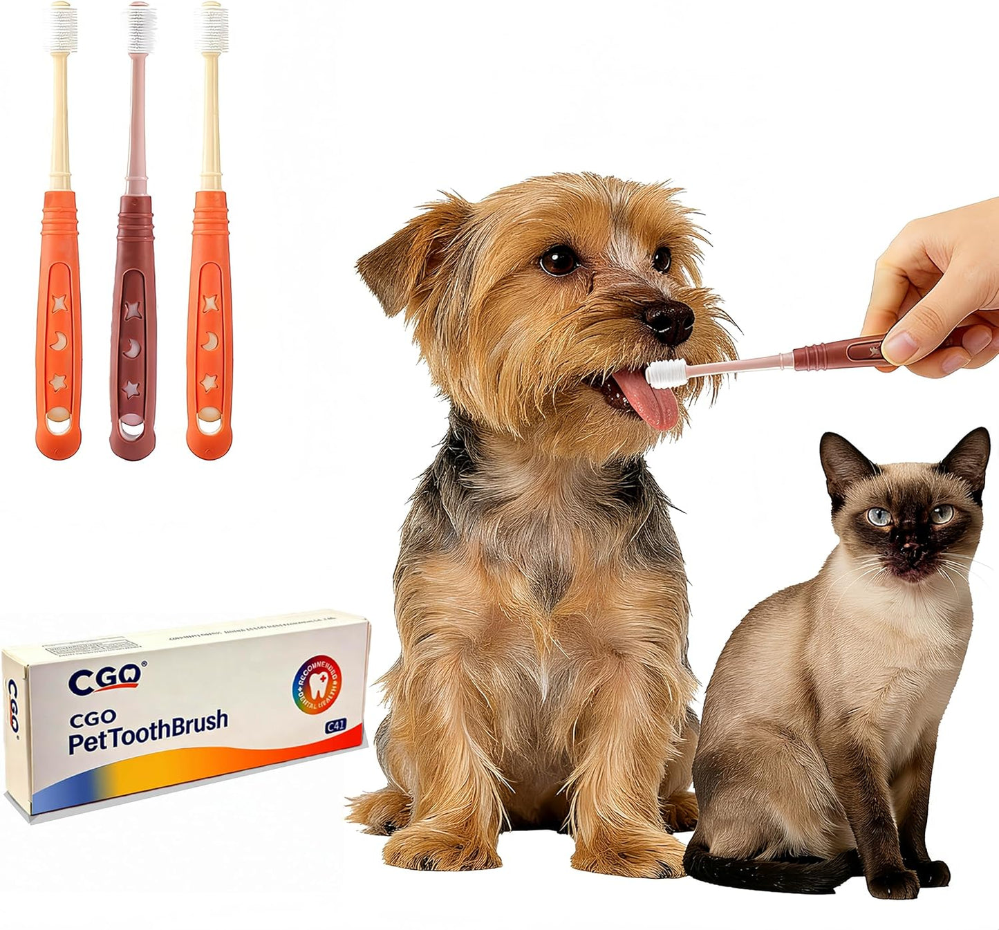 CGO 360° Silicone Pet Toothbrush - Dog Toothbrush for Small Dogs & Cats, 4-Pack Round Head, Extra Soft Bristles, Dental Cleaning and Oral Hygiene for Puppies and Kittens (2 Orange, 2 Brown)